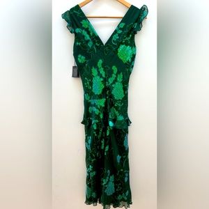 Anna Sui Brocade Metallic Silk Blend Forest Green Floral Maxi Dress NWT USA